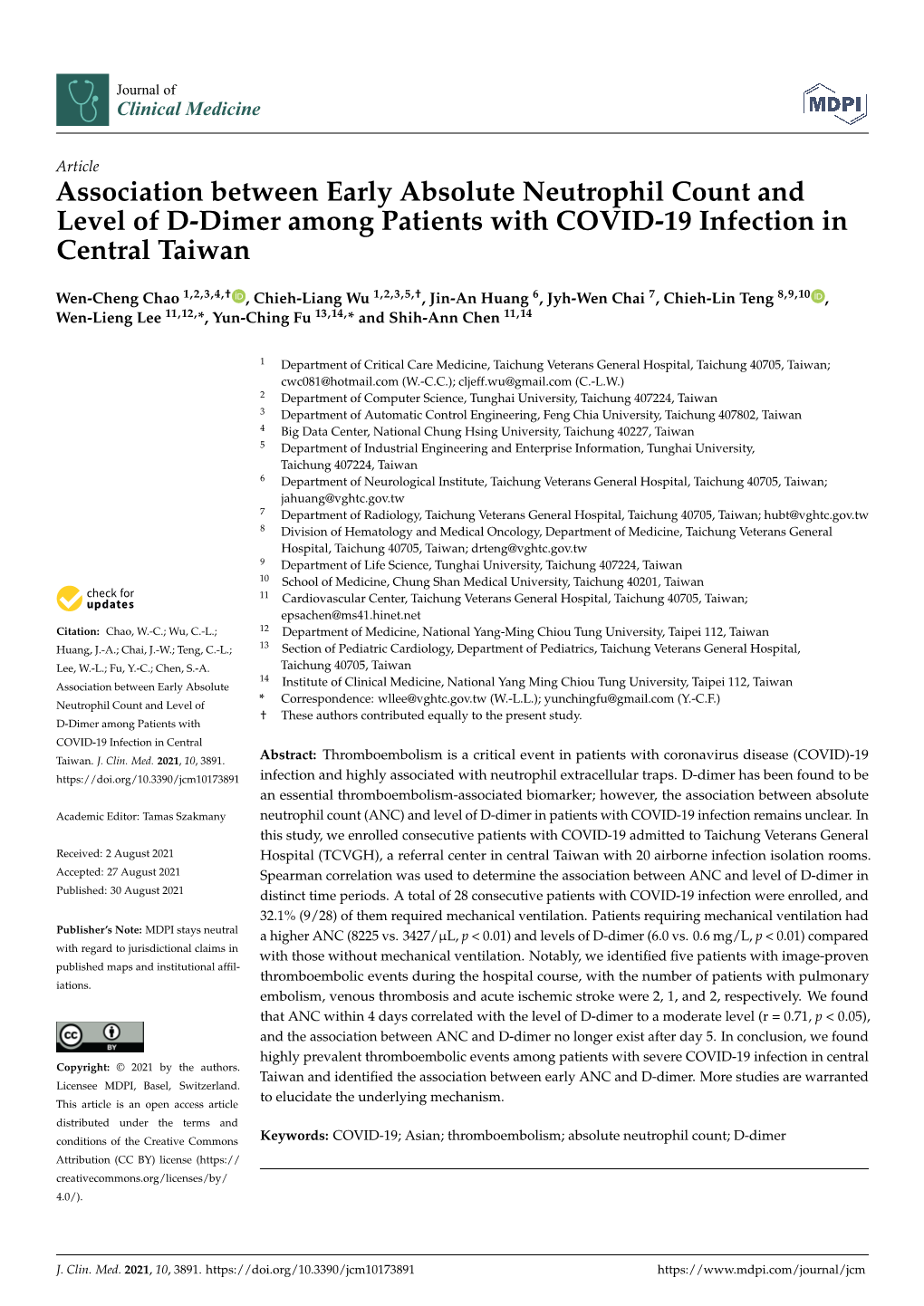 Association Between Early Absolute Neutrophil Count and Level of D-Dimer Among Patients with COVID-19 Infection in Central Taiwan