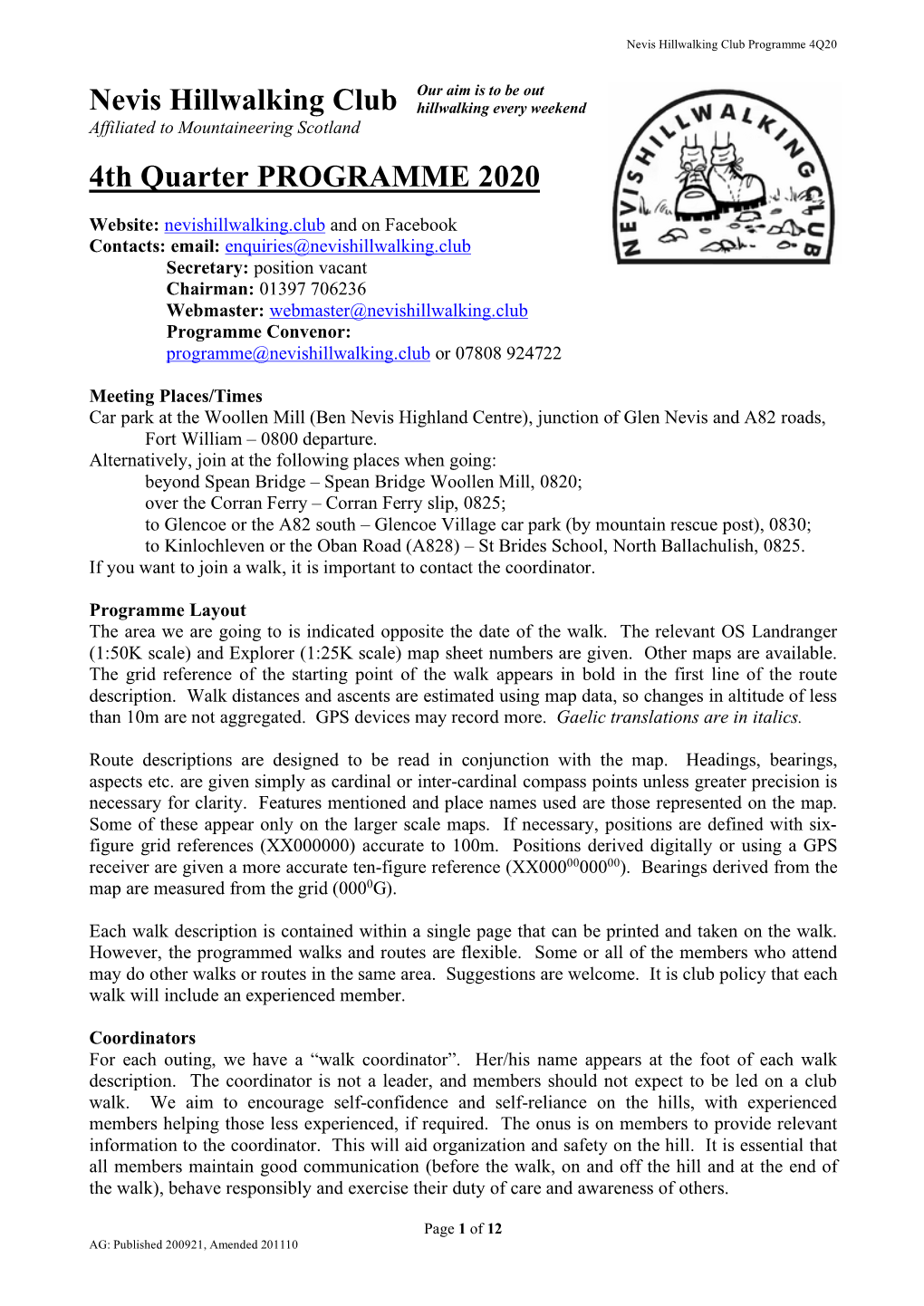 Nevis Hillwalking Club 4Th Quarter PROGRAMME 2020