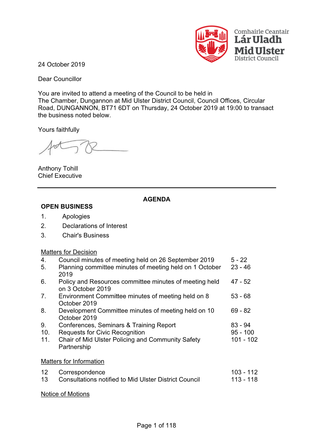 24 October 2019 Dear Councillor You Are Invited to Attend a Meeting of the Council to Be Held in the Chamber, Dungannon at Mid U