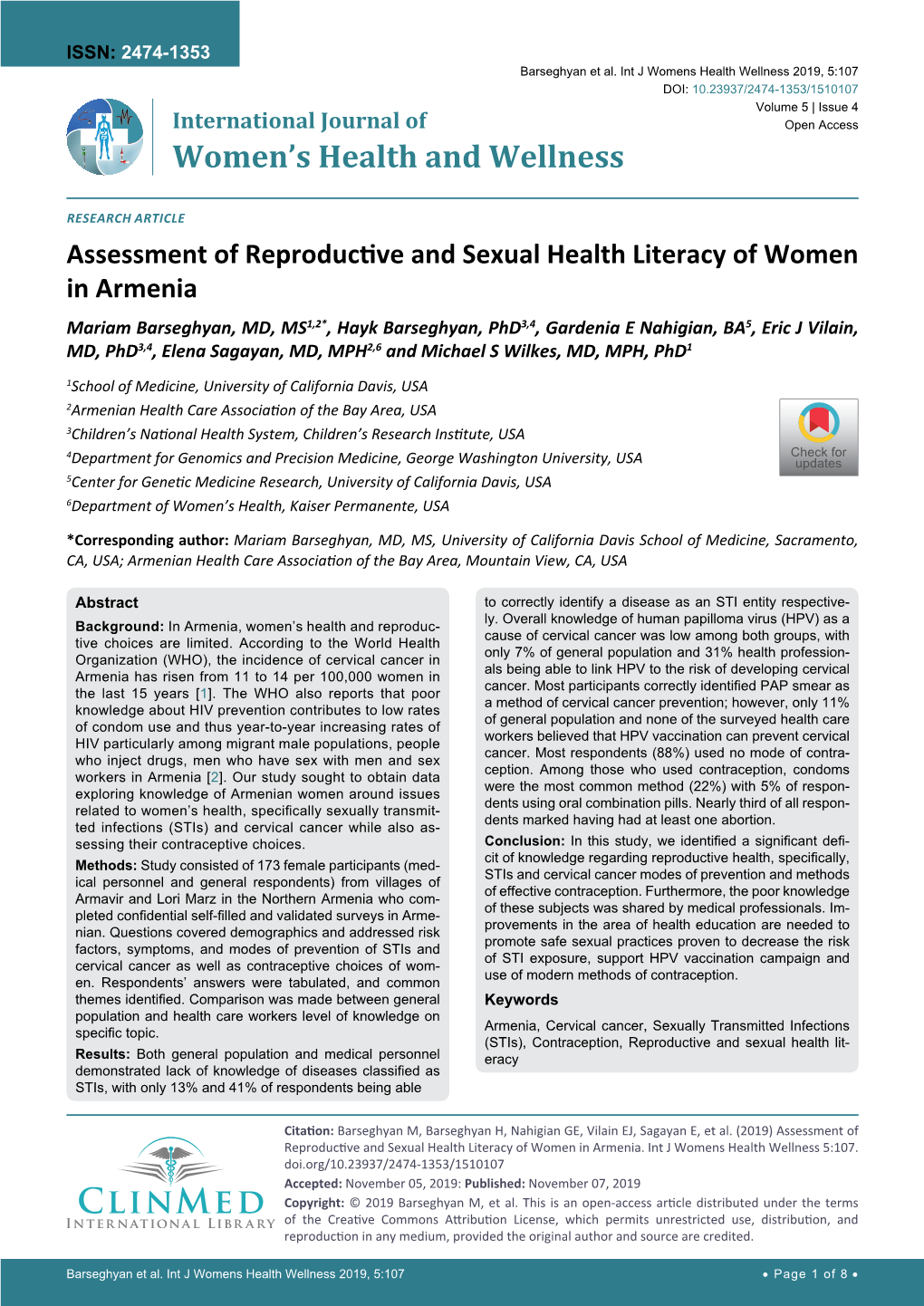 Assessment of Reproductive and Sexual Health Literacy of Women in Armenia