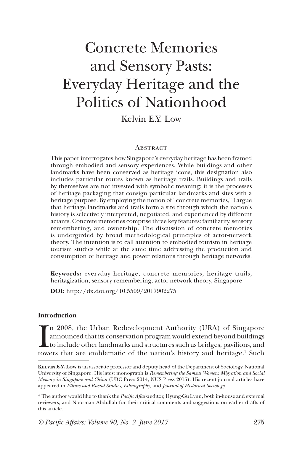 Concrete Memories and Sensory Pasts: Everyday Heritage and the Politics of Nationhood Kelvin E.Y