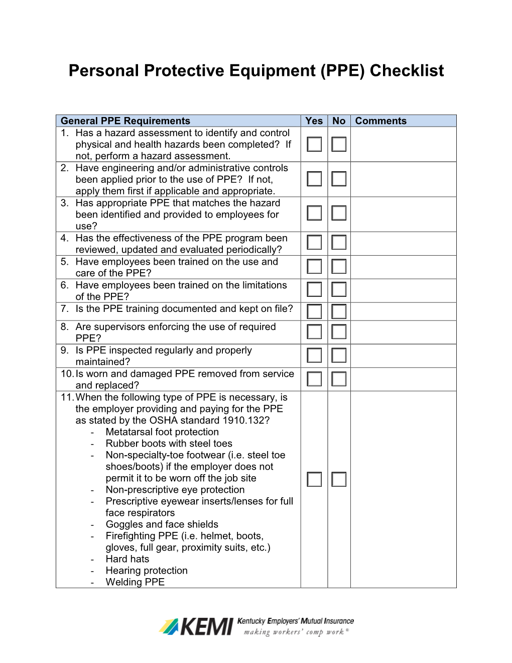 Personal Protective Equipment (PPE) Checklist