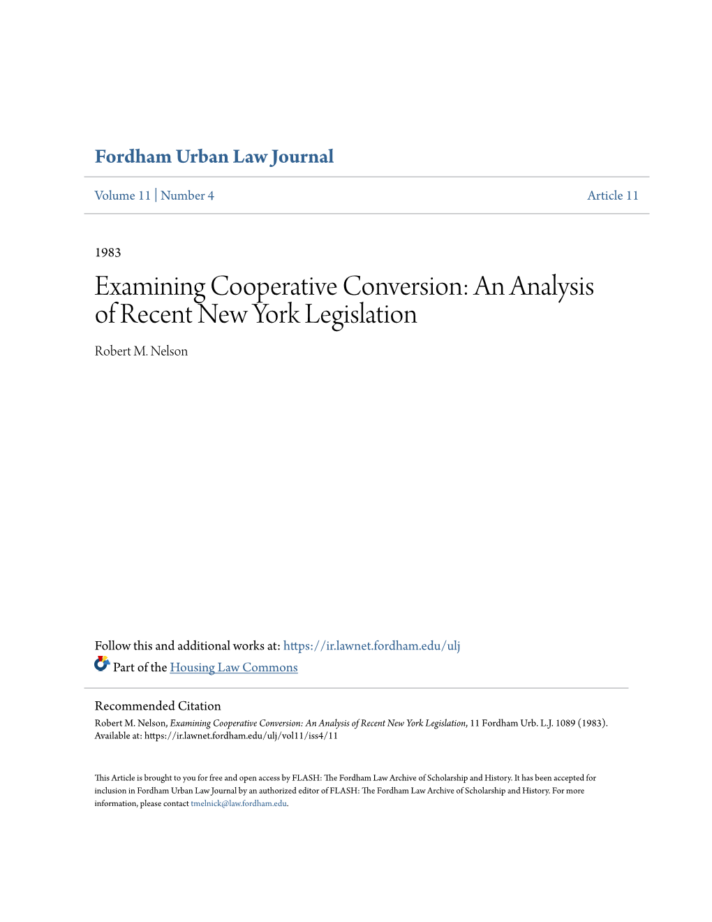 Examining Cooperative Conversion: an Analysis of Recent New York Legislation Robert M