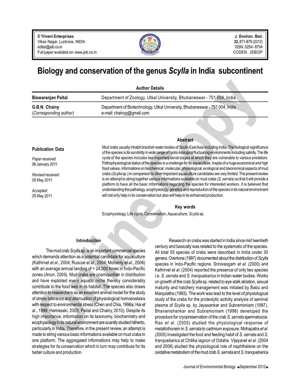 Biology and Conservation of the Genus Scylla in India Subcontinent