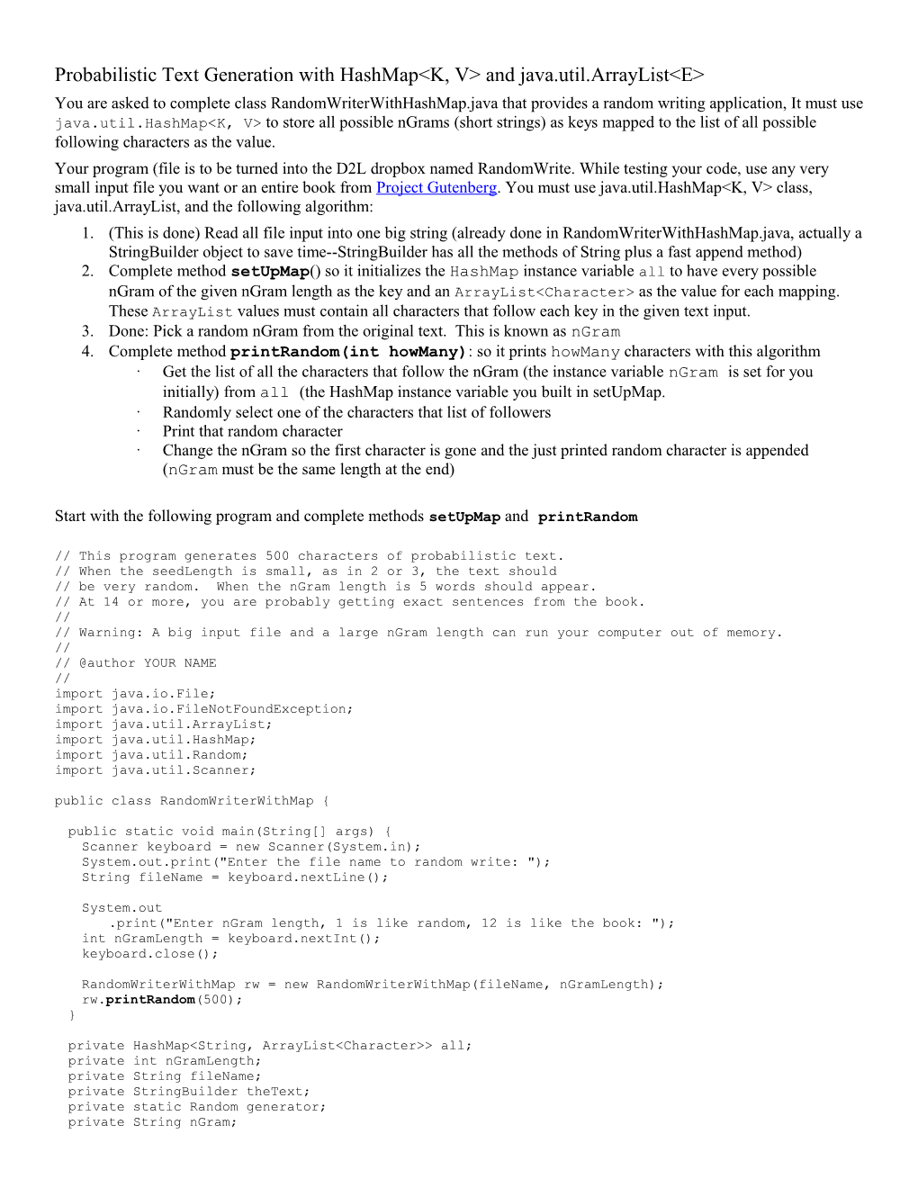 Probabilistic Text Generation with Hashmap<K, V> and Java.Util.Arraylist<E>