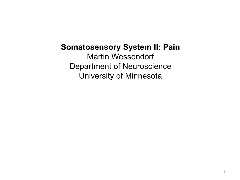 Somatosensory System II: Pain Martin Wessendorf Department of Neuroscience University of Minnesota