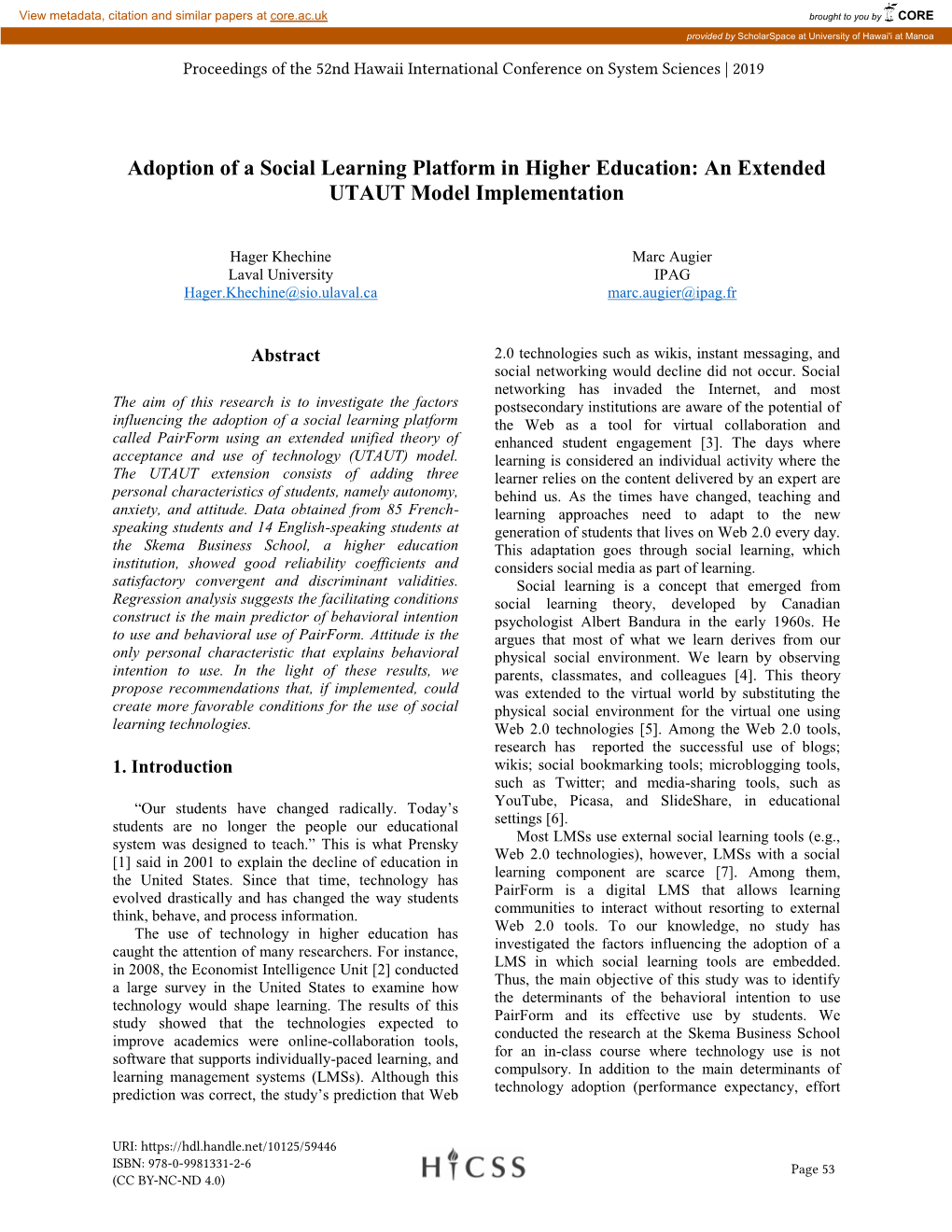 Adoption of a Social Learning Platform in Higher Education: an Extended UTAUT Model Implementation