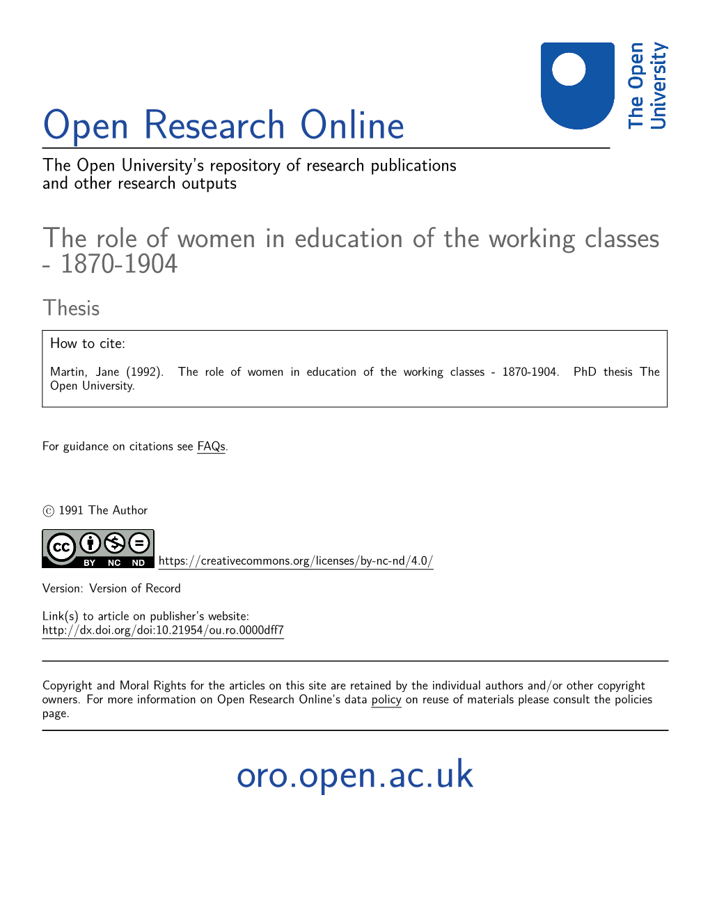 The Role of Women in Education of the Working Classes - 1870-1904 Thesis