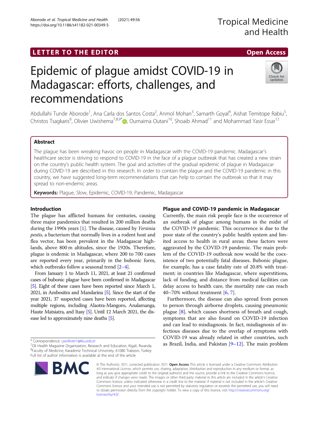Epidemic of Plague Amidst COVID-19 in Madagascar