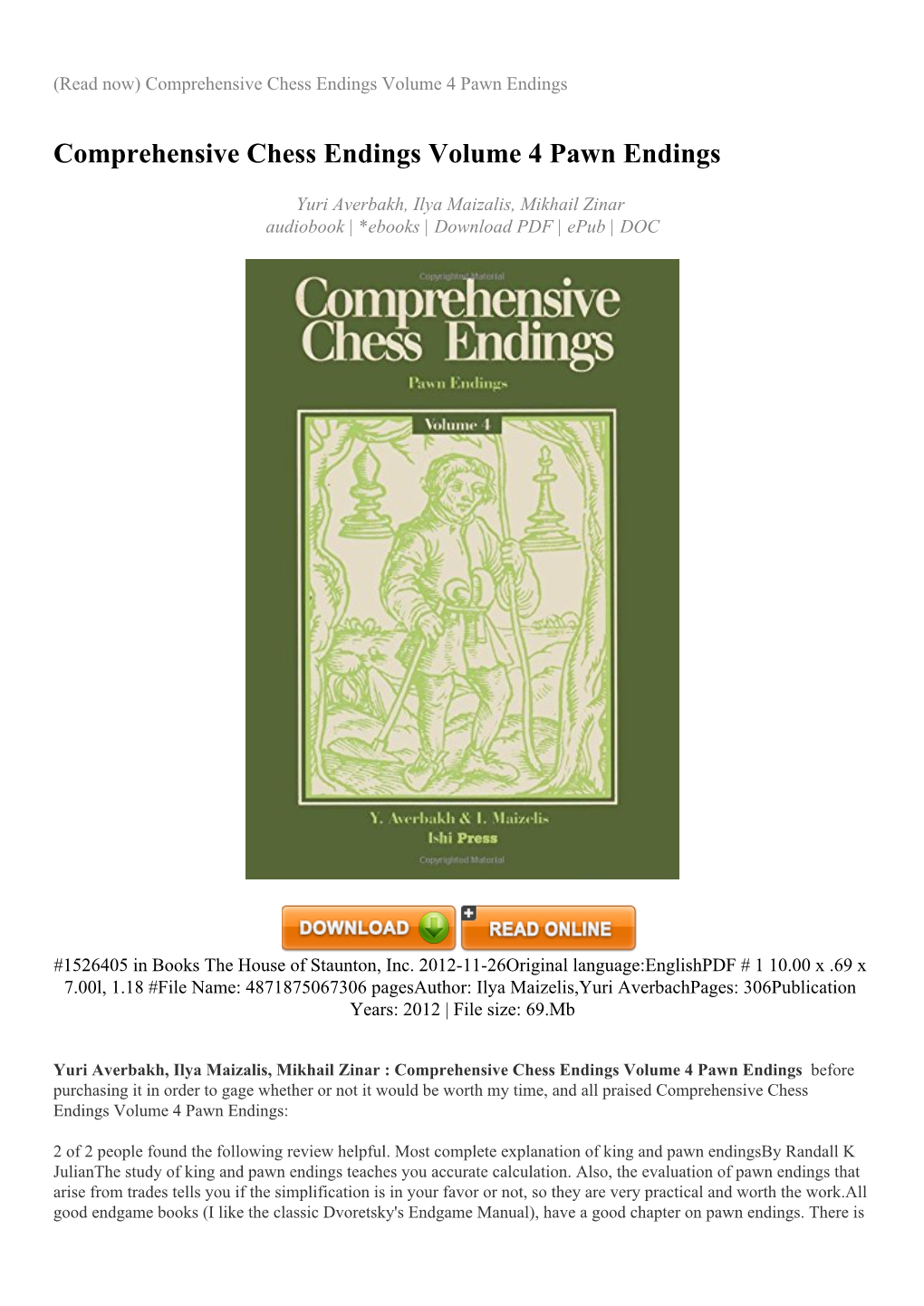 Comprehensive Chess Endings Volume 4 Pawn Endings