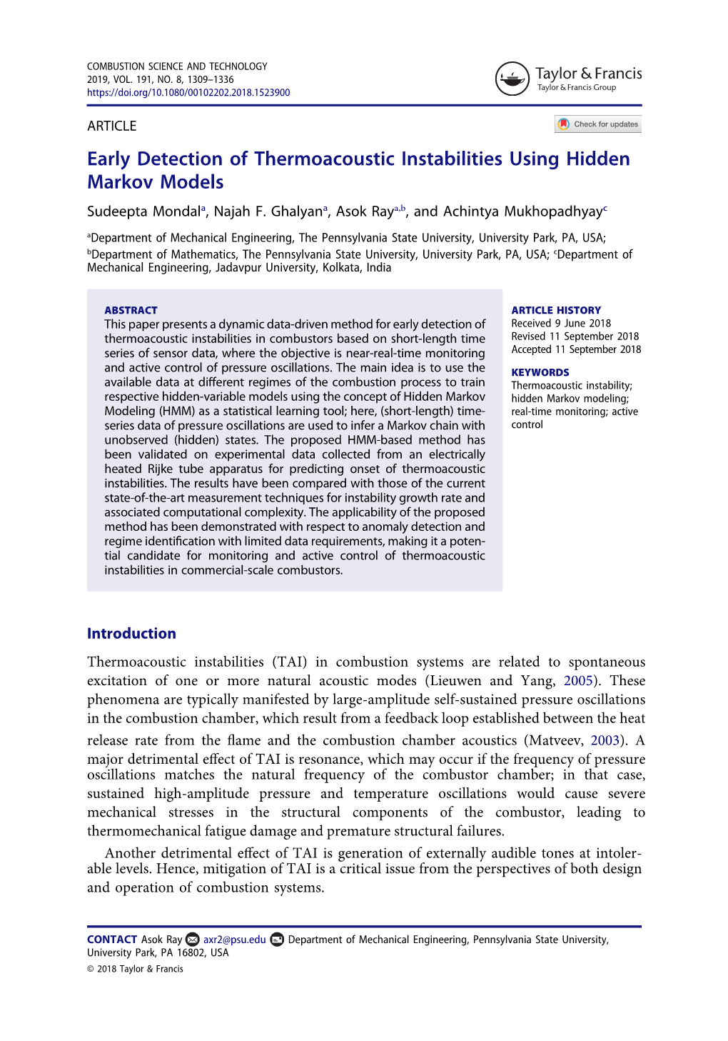 Early Detection of Thermoacoustic Instabilities Using Hidden Markov Models Sudeepta Mondala, Najah F