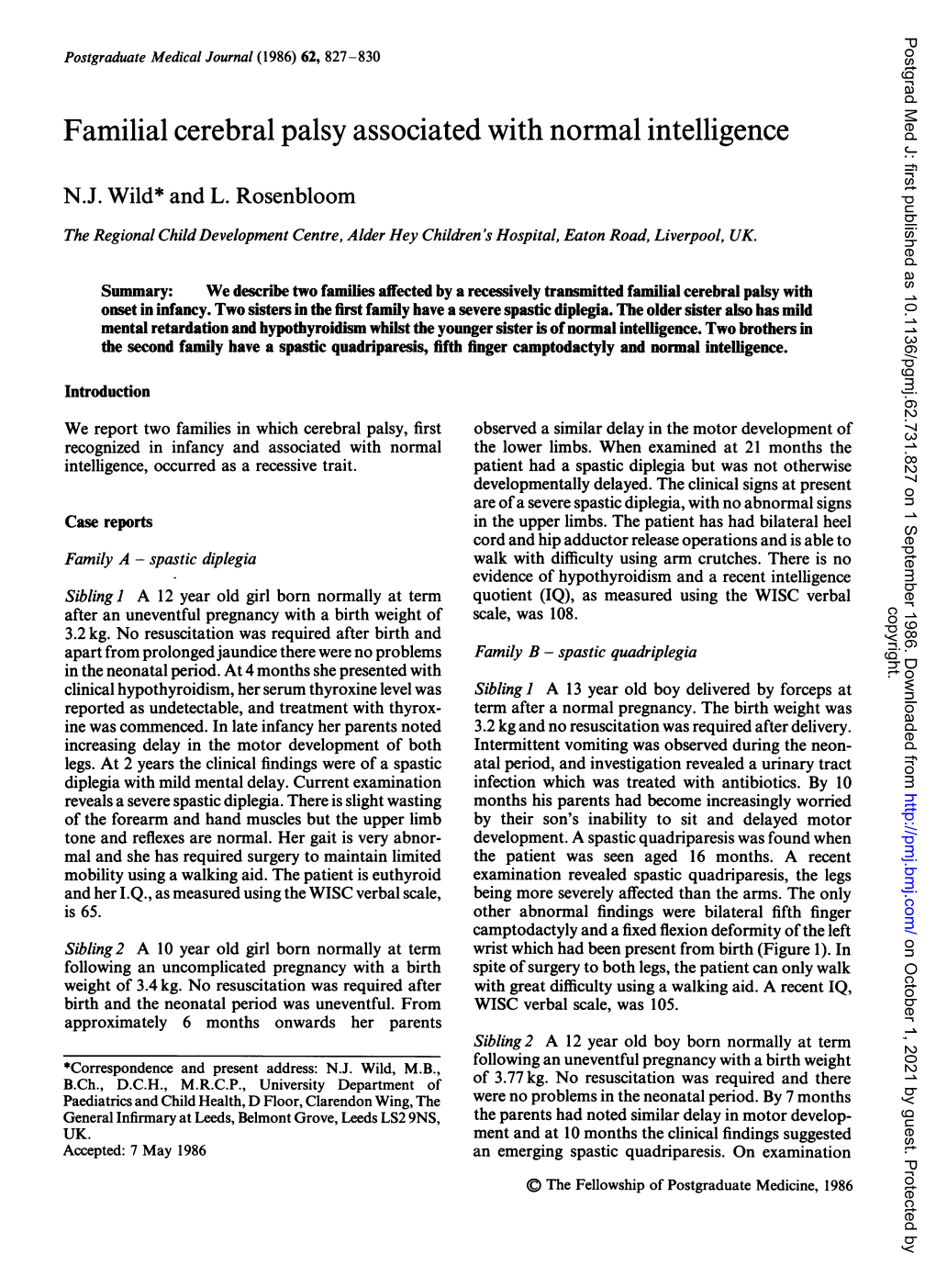 Familial Cerebral Palsy Associated with Normal Intelligence