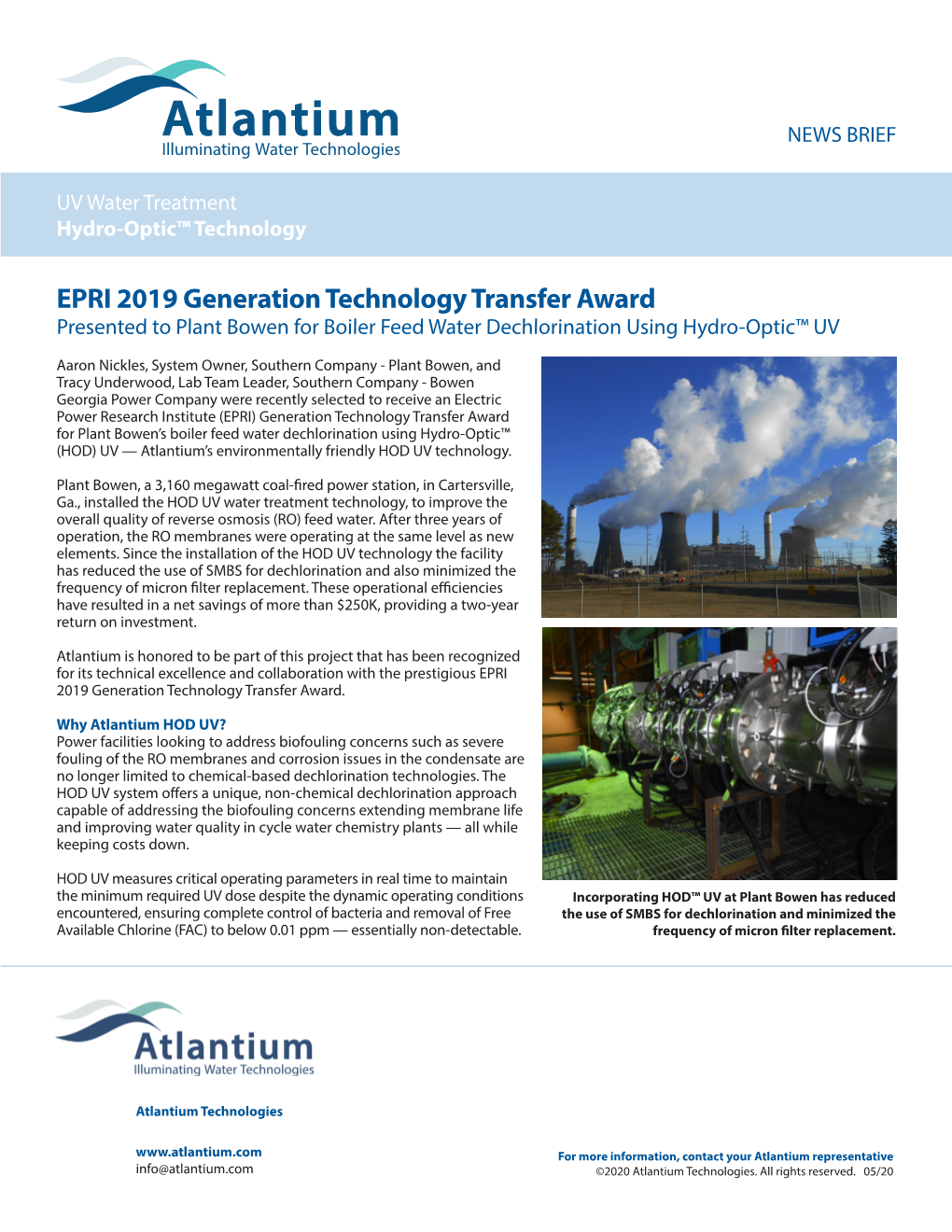 EPRI 2019 Generation Technology Transfer Award Presented to Plant Bowen for Boiler Feed Water Dechlorination Using Hydro-Optic™ UV