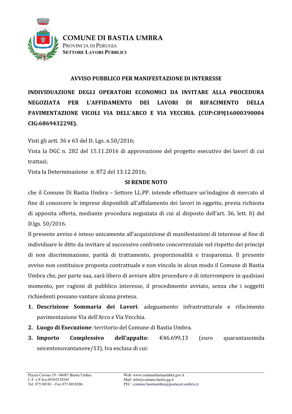 Comune Di Bastia Umbra Provincia Di Perugia Settore Lavori Pubblici