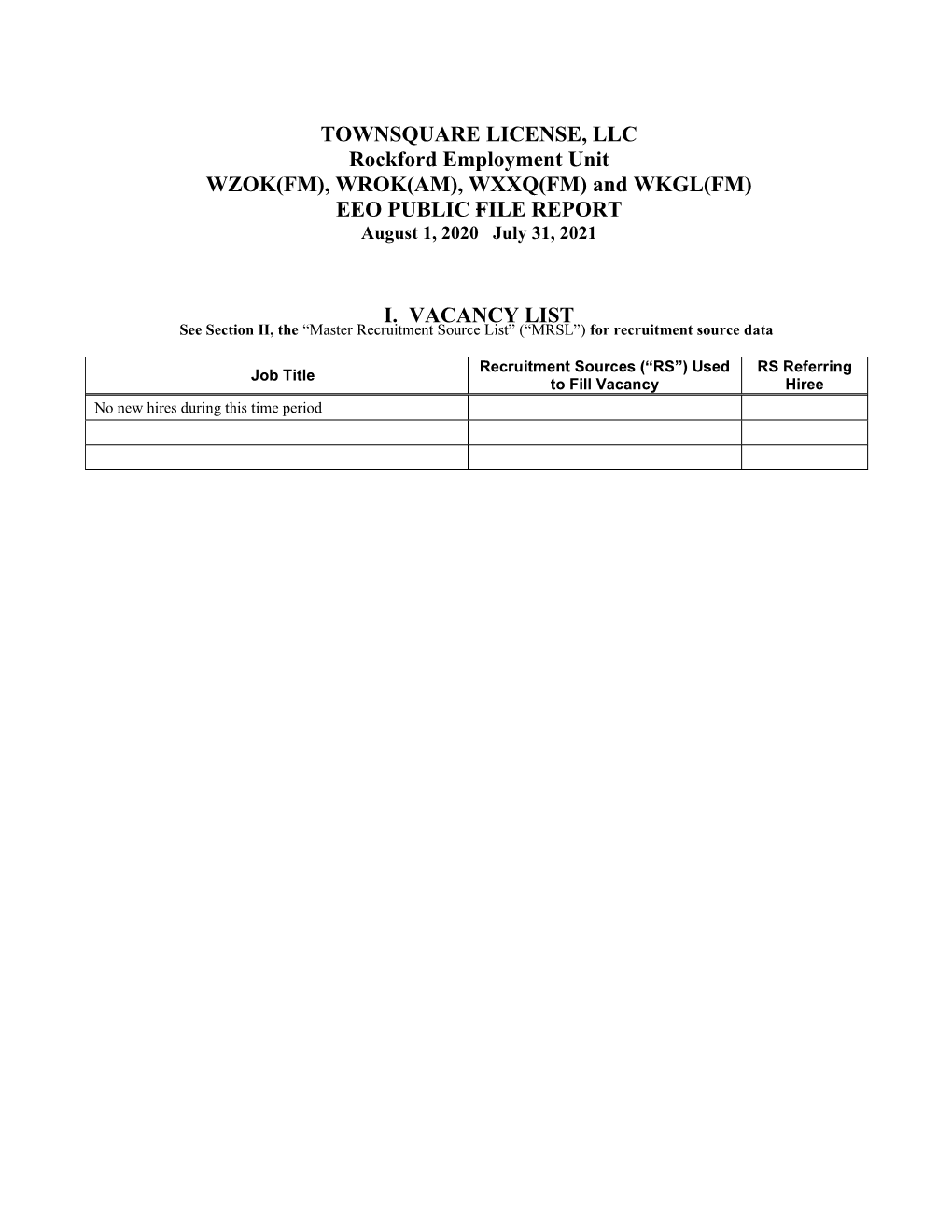 TOWNSQUARE LICENSE, LLC Rockford Employment Unit WZOK(FM), WROK(AM), WXXQ(FM) and WKGL(FM) EEO PUBLIC FILE REPORT August 1, 2020 July 31, 2021