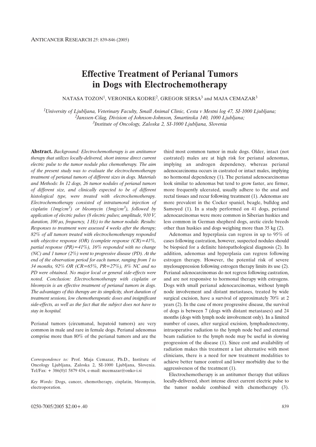 Effective Treatment of Perianal Tumors in Dogs with Electrochemotherapy