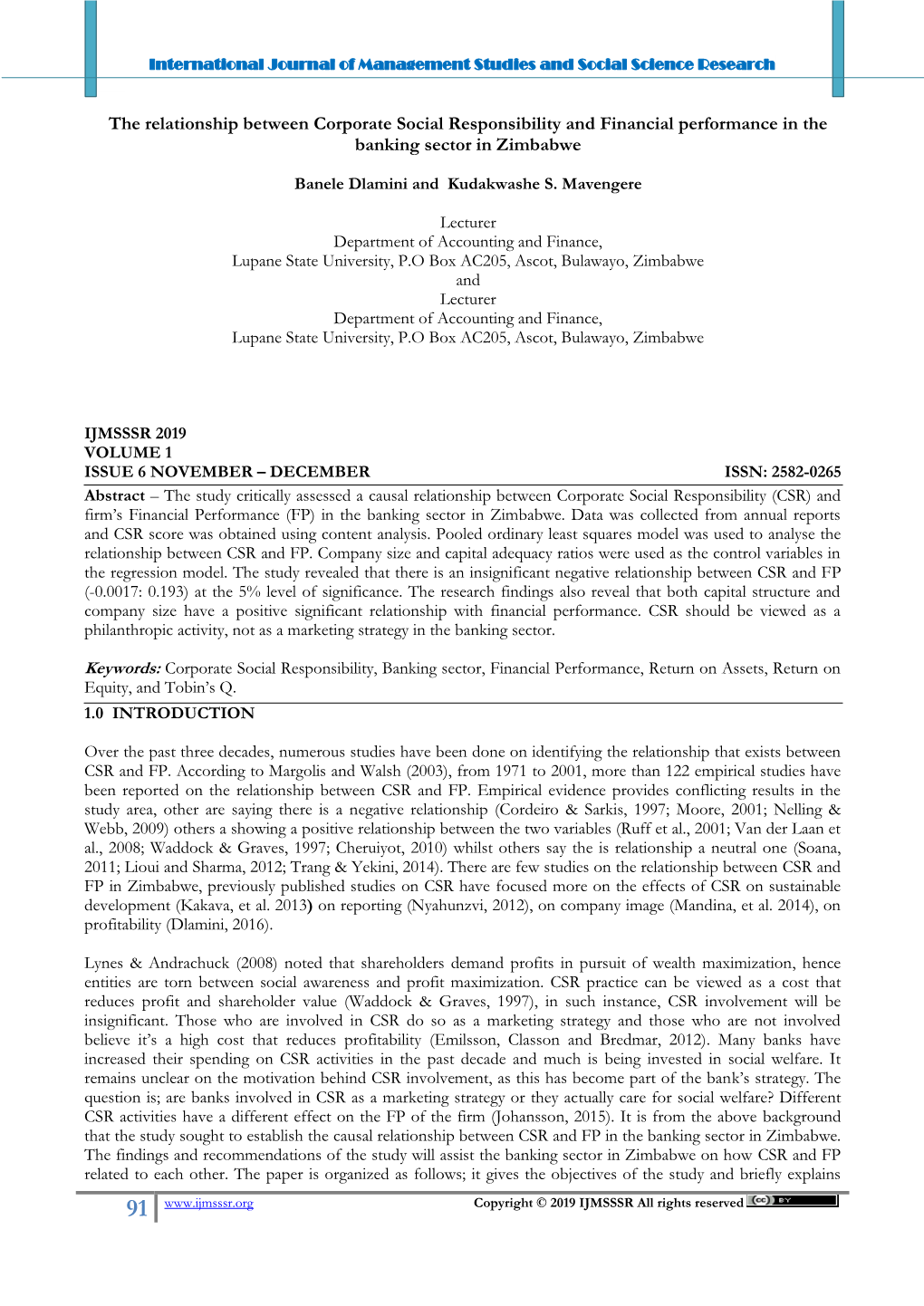 The Relationship Between Corporate Social Responsibility and Financial Performance in the Banking Sector in Zimbabwe