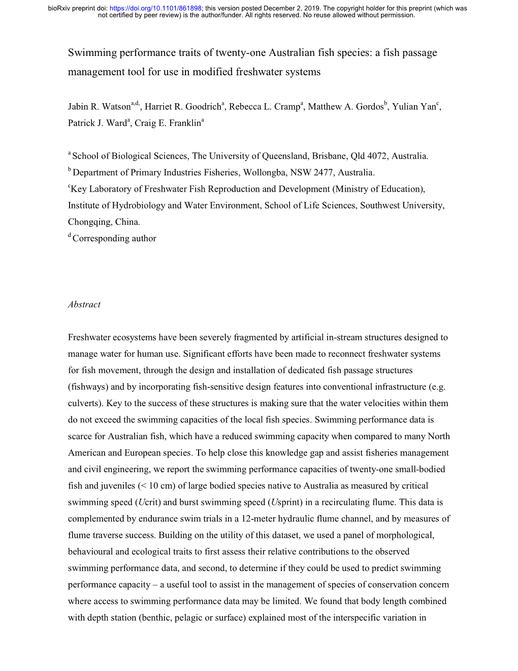 Swimming Performance Traits of Twenty-One Australian Fish Species: a Fish Passage Management Tool for Use in Modified Freshwater Systems