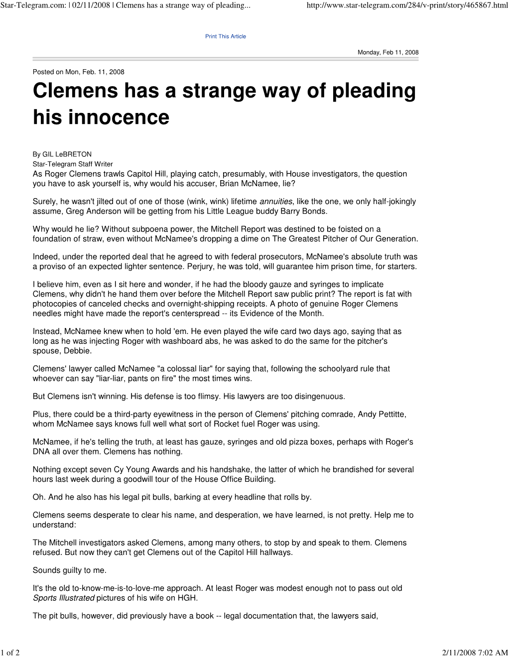 Star-Telegram.Com: | 02/11/2008 | Clemens Has a Strange Way of Pleading