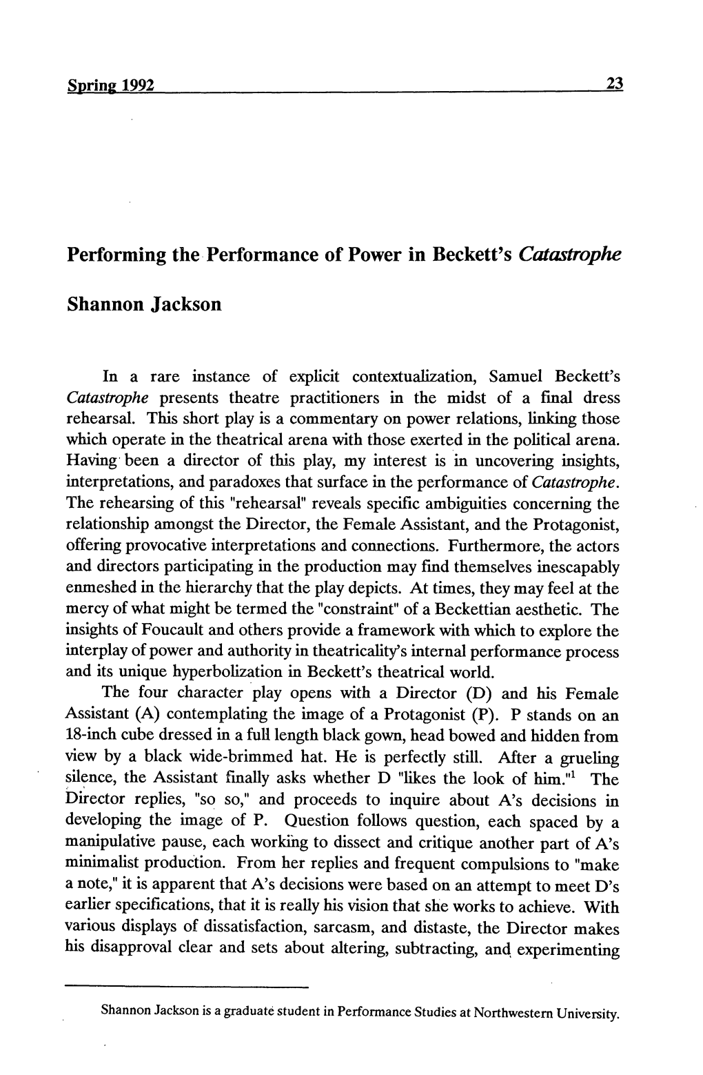 Performing the Performance of Power in Beckett's Catastrophe Shannon Jackson