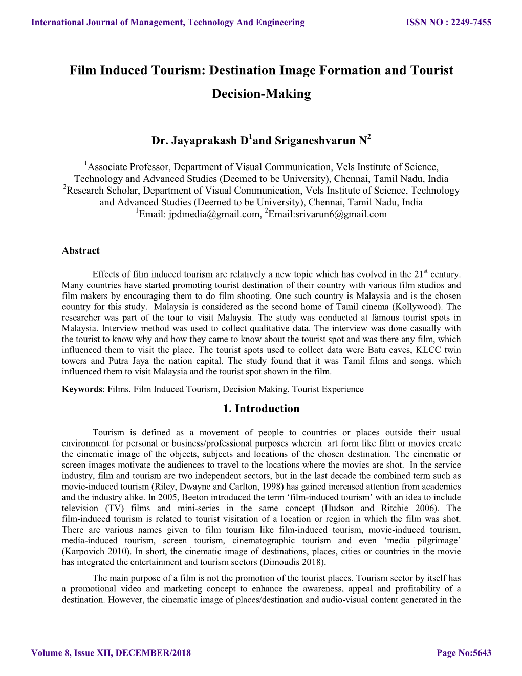 Film Induced Tourism: Destination Image Formation and Tourist Decision-Making