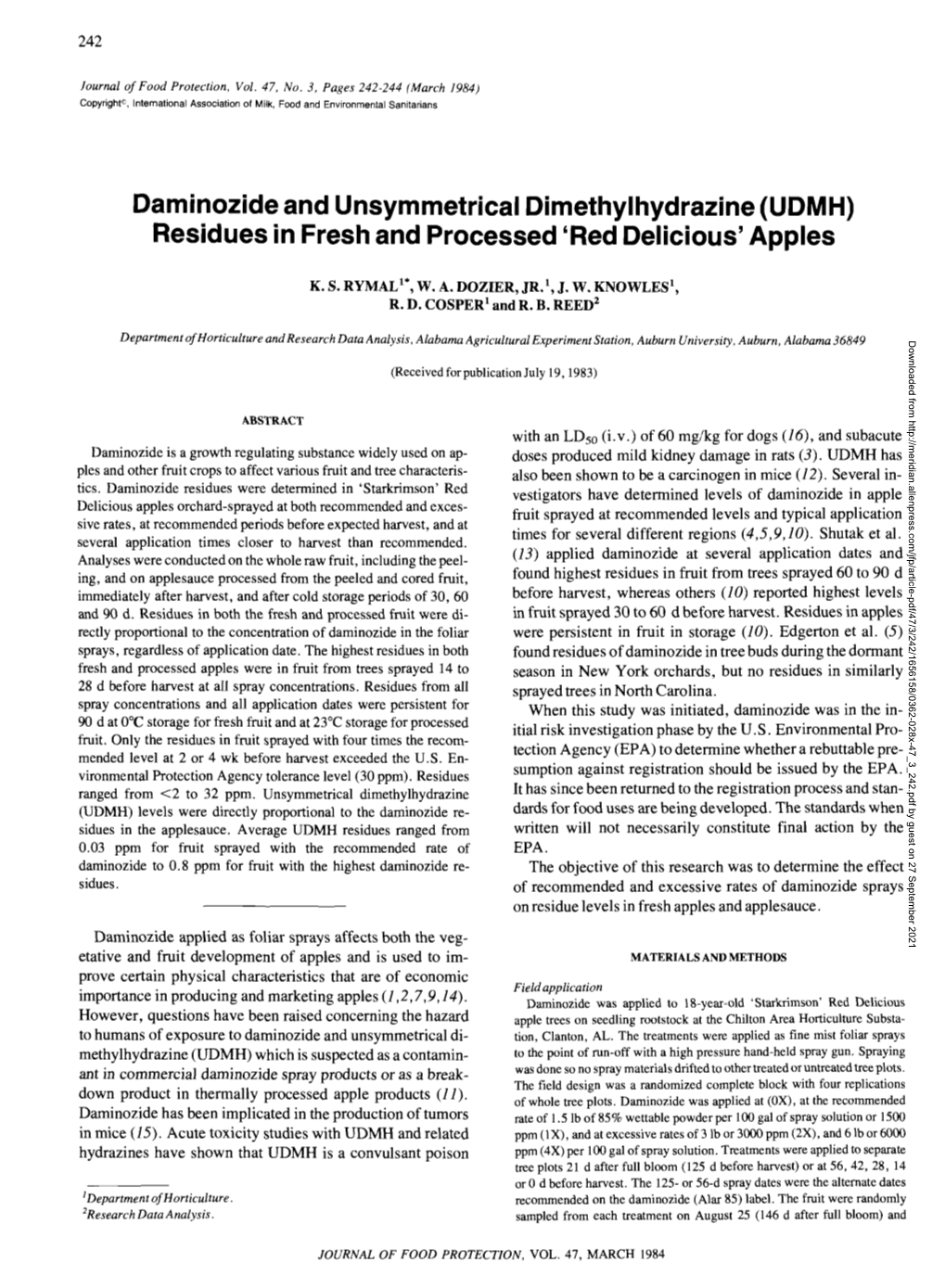 Daminozideand Unsymmetrical Dimethylhydrazine(UDMH) Residues in Fresh and Processed 'Red Delicious' Apples