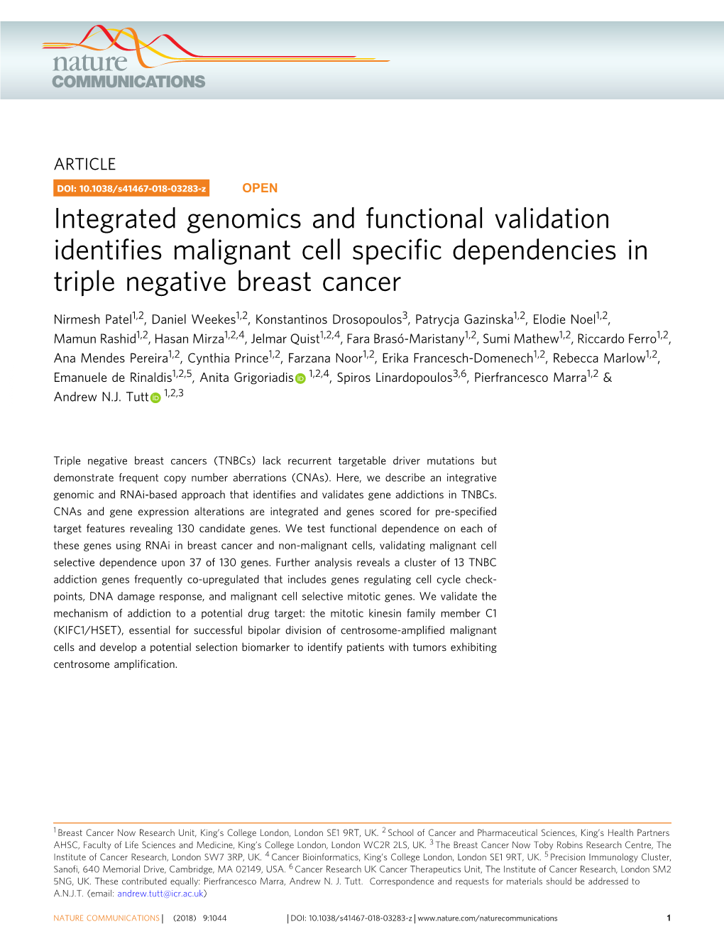 Integrated Genomics and Functional Validation Identifies Malignant Cell