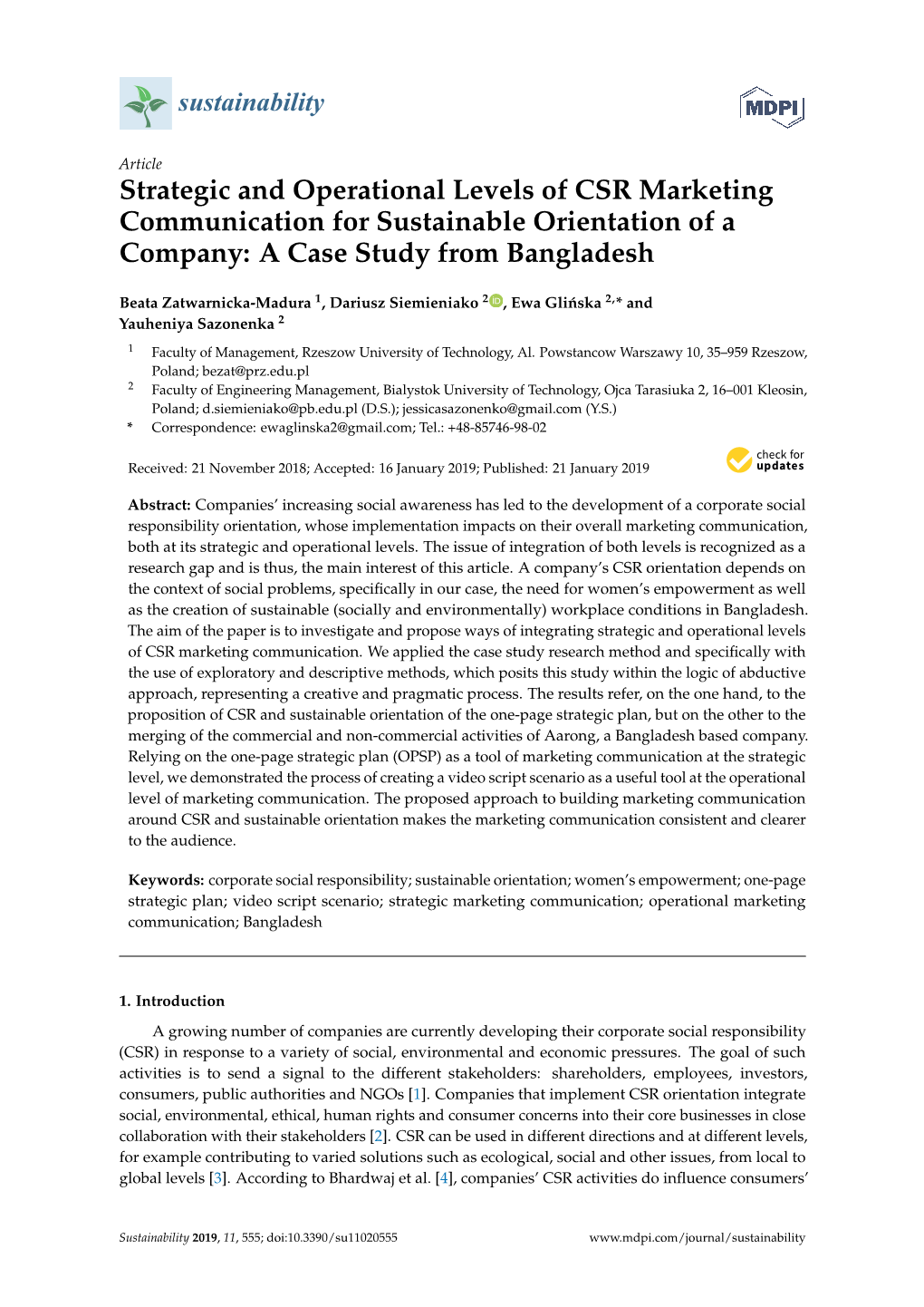 Strategic and Operational Levels of CSR Marketing Communication for Sustainable Orientation of a Company: a Case Study from Bangladesh