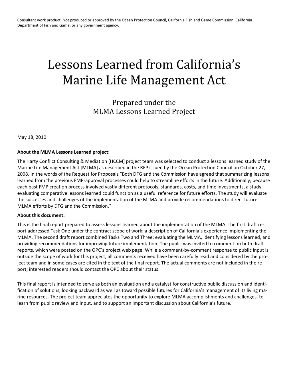 Lessons Learned from California's Marine Life Management Act, May