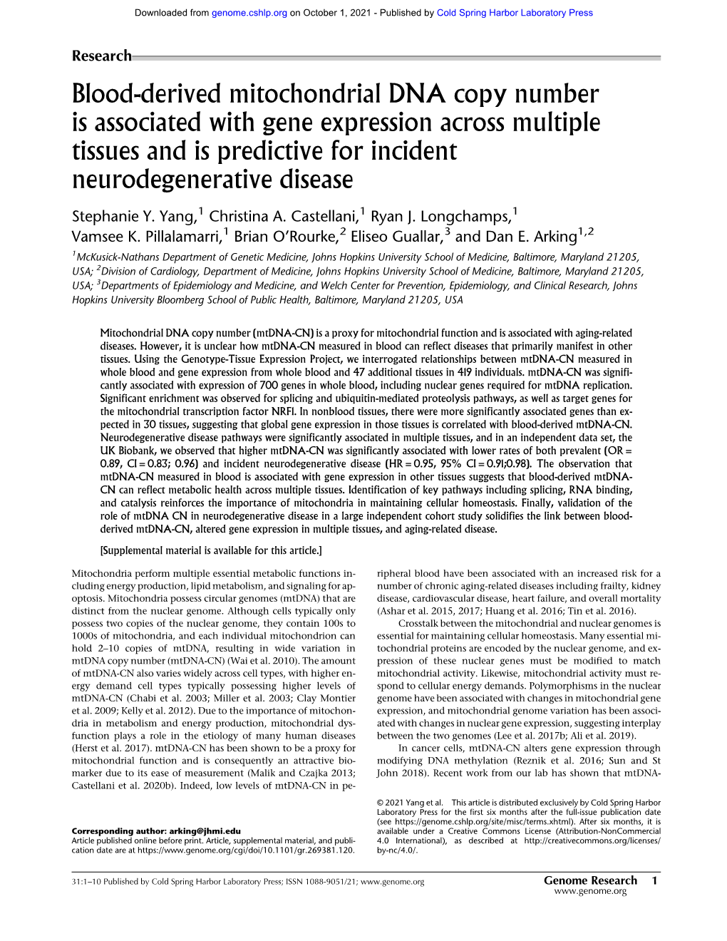 Blood-Derived Mitochondrial DNA Copy Number Is Associated with Gene Expression Across Multiple Tissues and Is Predictive for Incident Neurodegenerative Disease