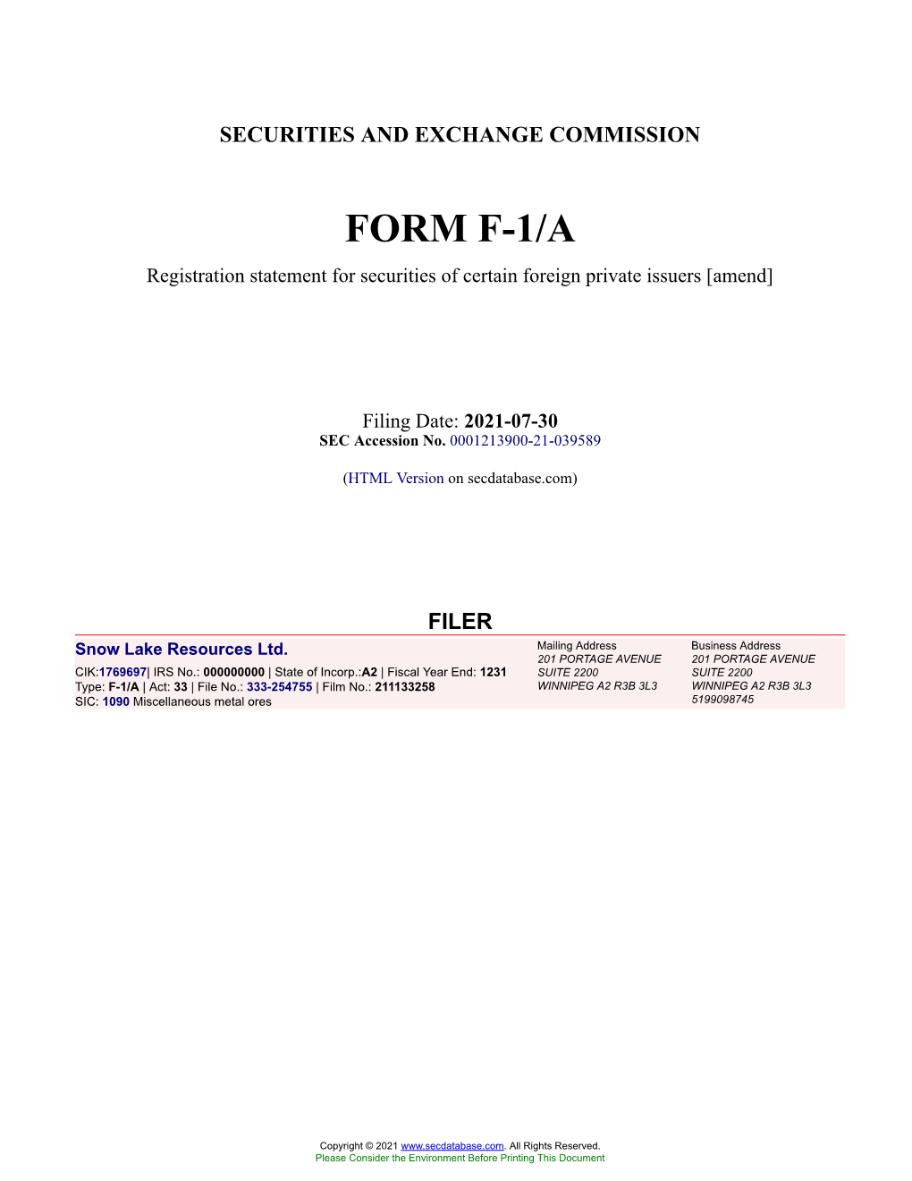 Snow Lake Resources Ltd. Form F-1/A Filed 2021-07-30