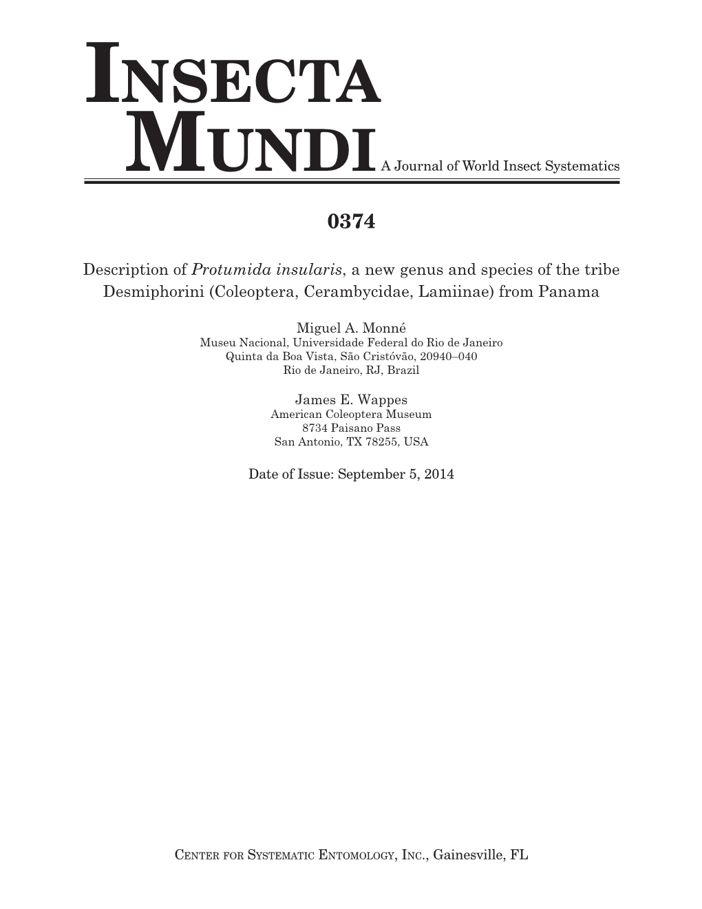 INSECTA MUNDIA Journal of World Insect Systematics