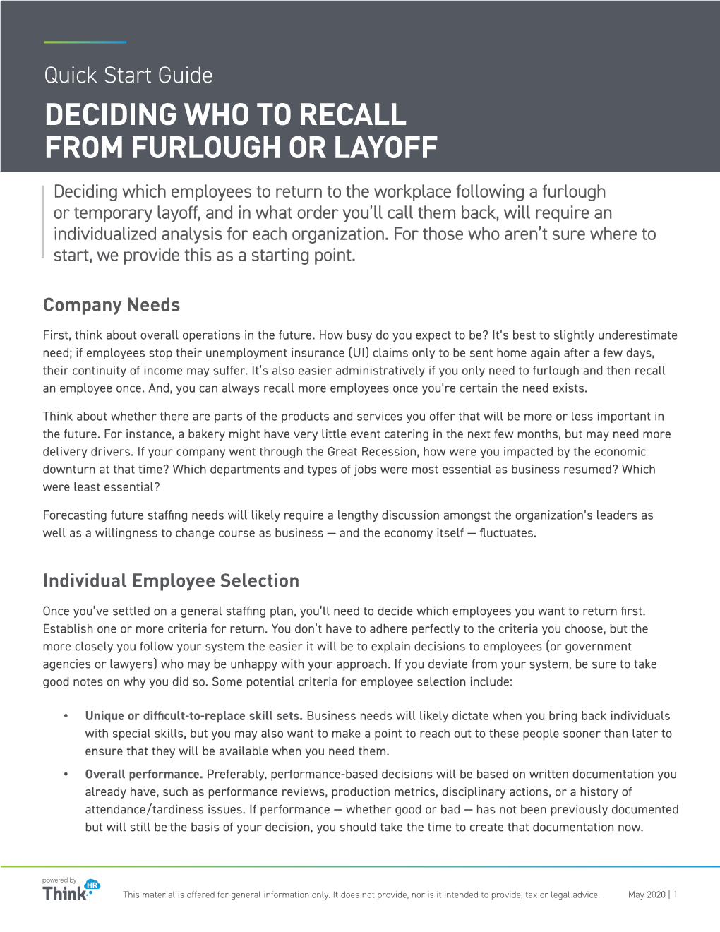 Quick Start Guide: Deciding Who to Recall from Furlough Or Layoff