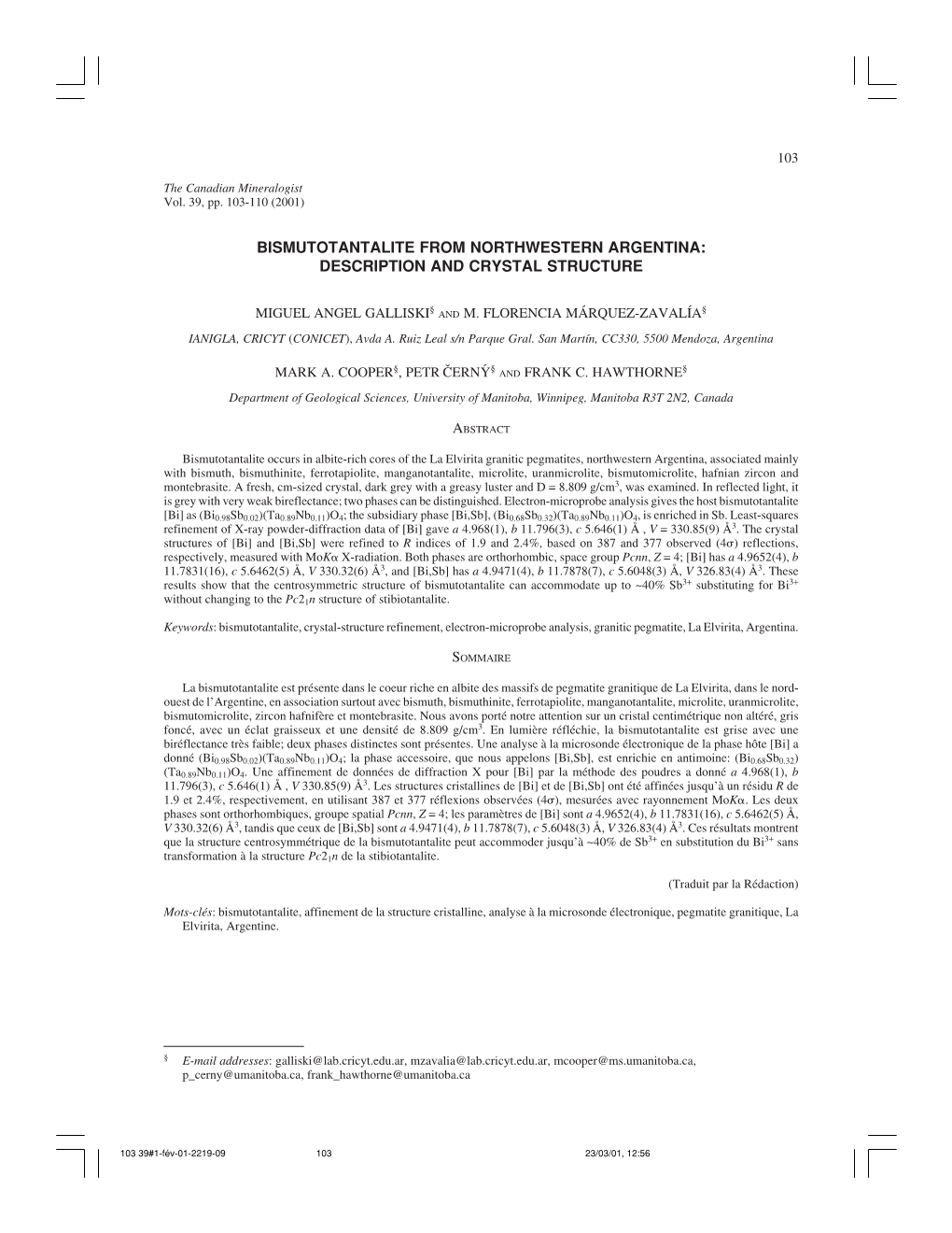 Bismutotantalite from Northwestern Argentina: Description and Crystal Structure