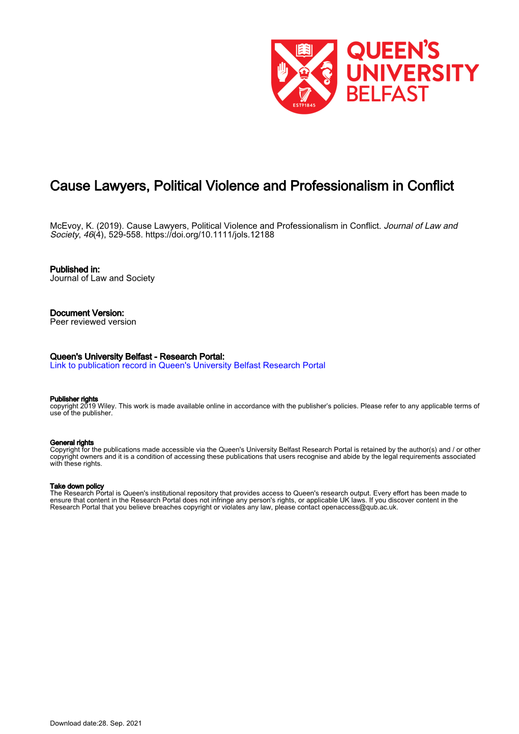 Cause Lawyers, Political Violence and Professionalism in Conflict