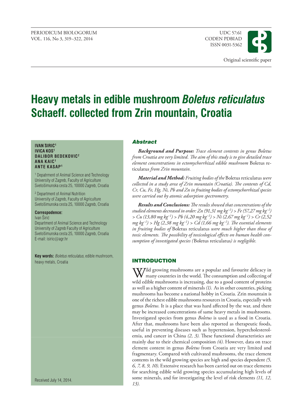 Heavy Metals in Edible Mushroom Boletus Reticulatus Schaeff
