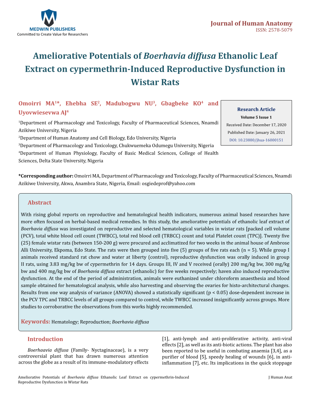 Ameliorative Potentials of Boerhavia Diffusa Ethanolic Leaf Extract on Cypermethrin-Induced Reproductive Dysfunction in Wistar Rats