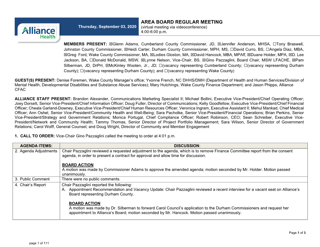 AREA BOARD REGULAR MEETING Thursday, September 03, 2020 (Virtual Meeting Via Videoconference) 4:00-6:00 P.M