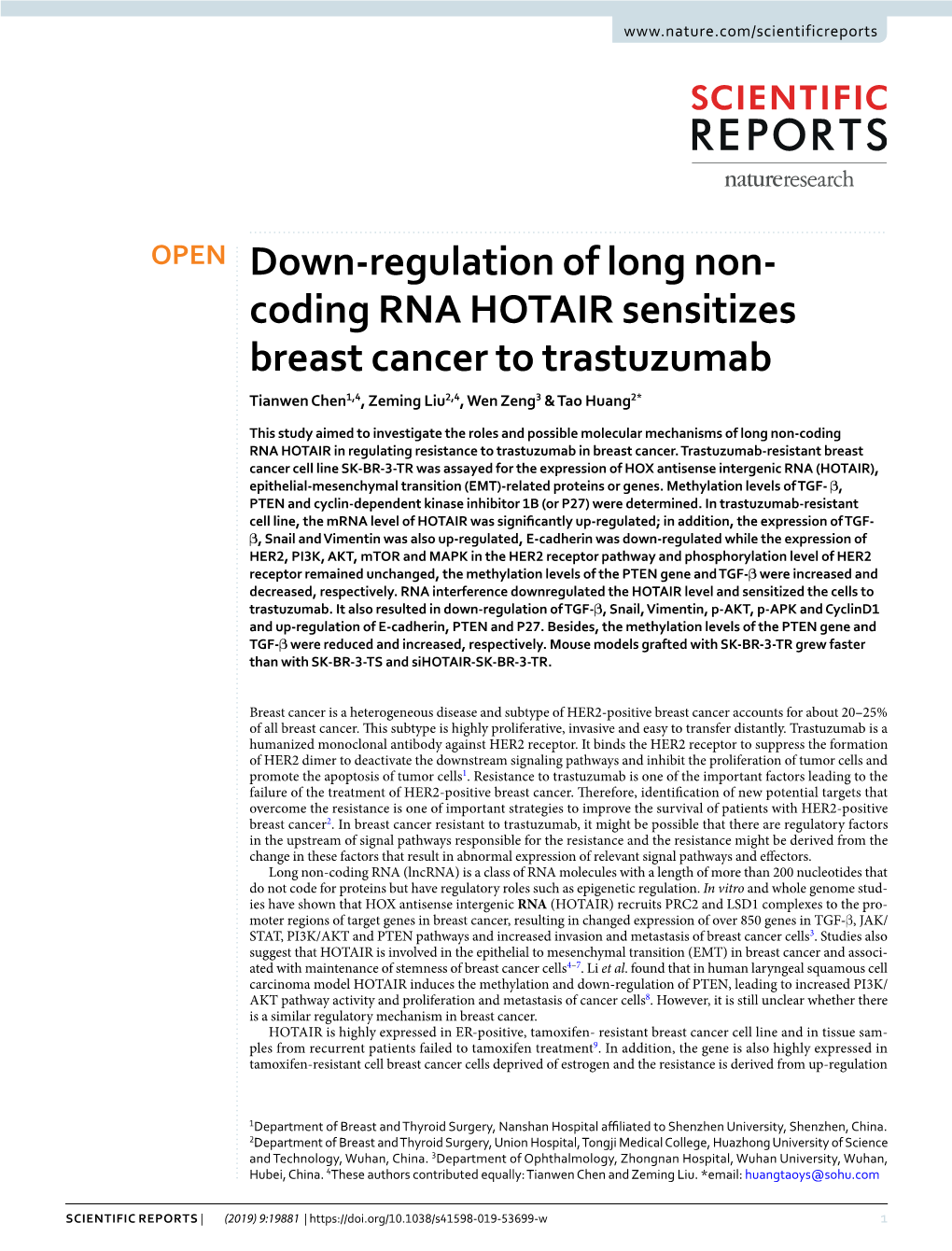 Down-Regulation of Long Non-Coding RNA HOTAIR Sensitizes Breast