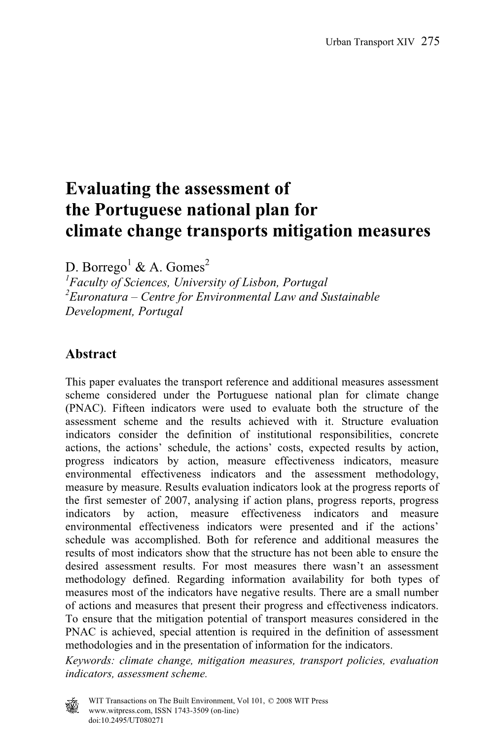 Evaluating the Assessment of the Portuguese National Plan for Climate Change Transports Mitigation Measures