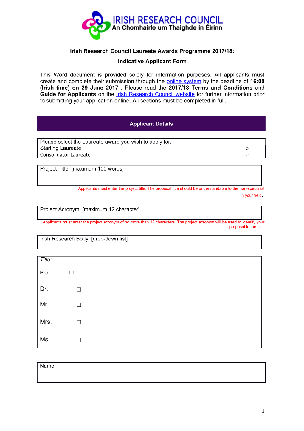 Irish Research Council Laureate Awards Programme 2017/18: Indicative Applicant Form