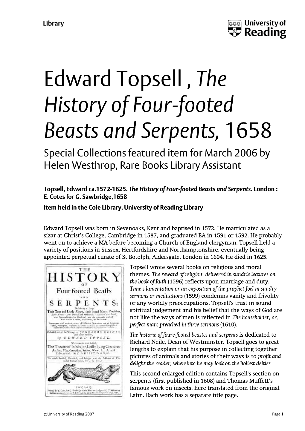 Edward Topsell , the History of Four-Footed Beasts and Serpents