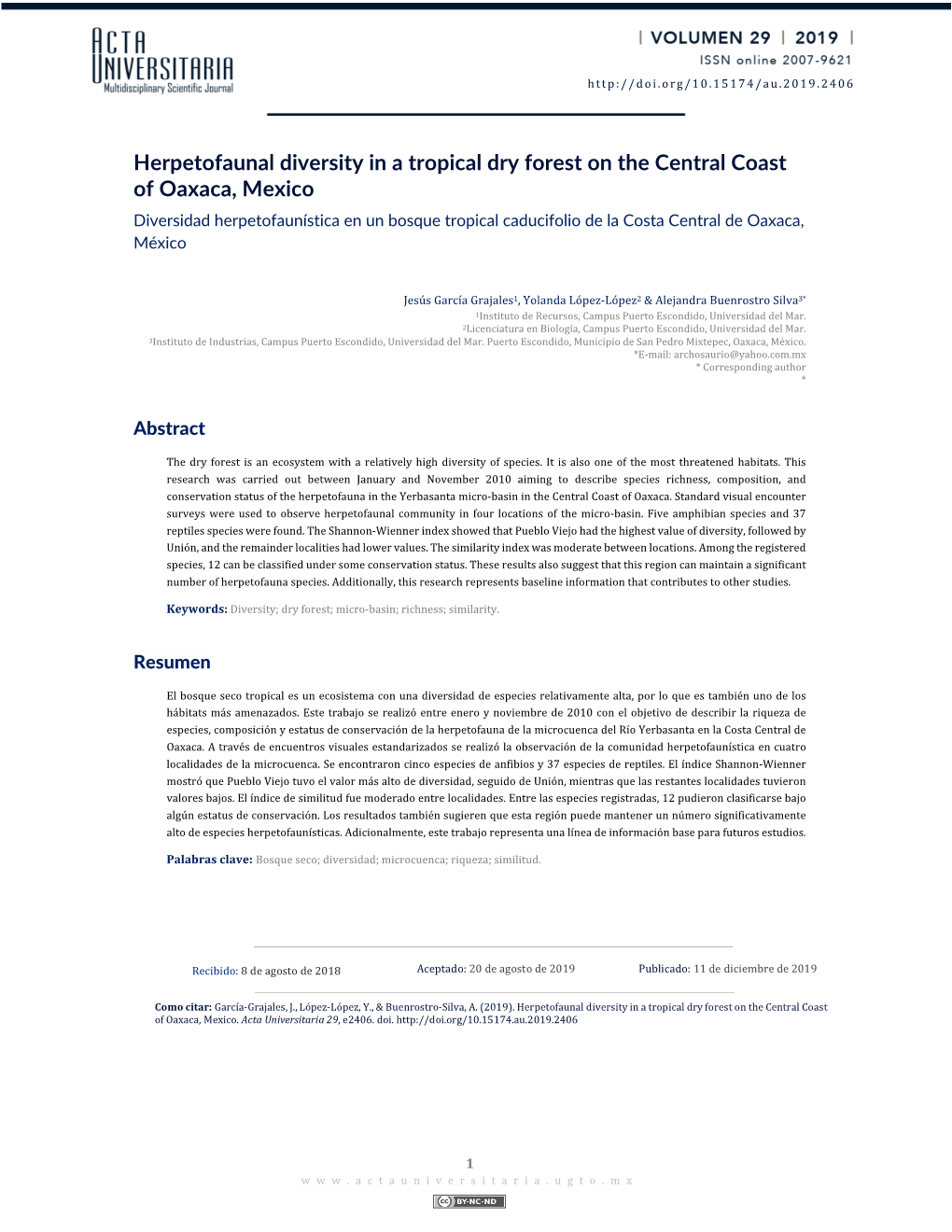 Herpetofaunal Diversity in a Tropical Dry Forest on the Central Coast of Oaxaca, Mexico