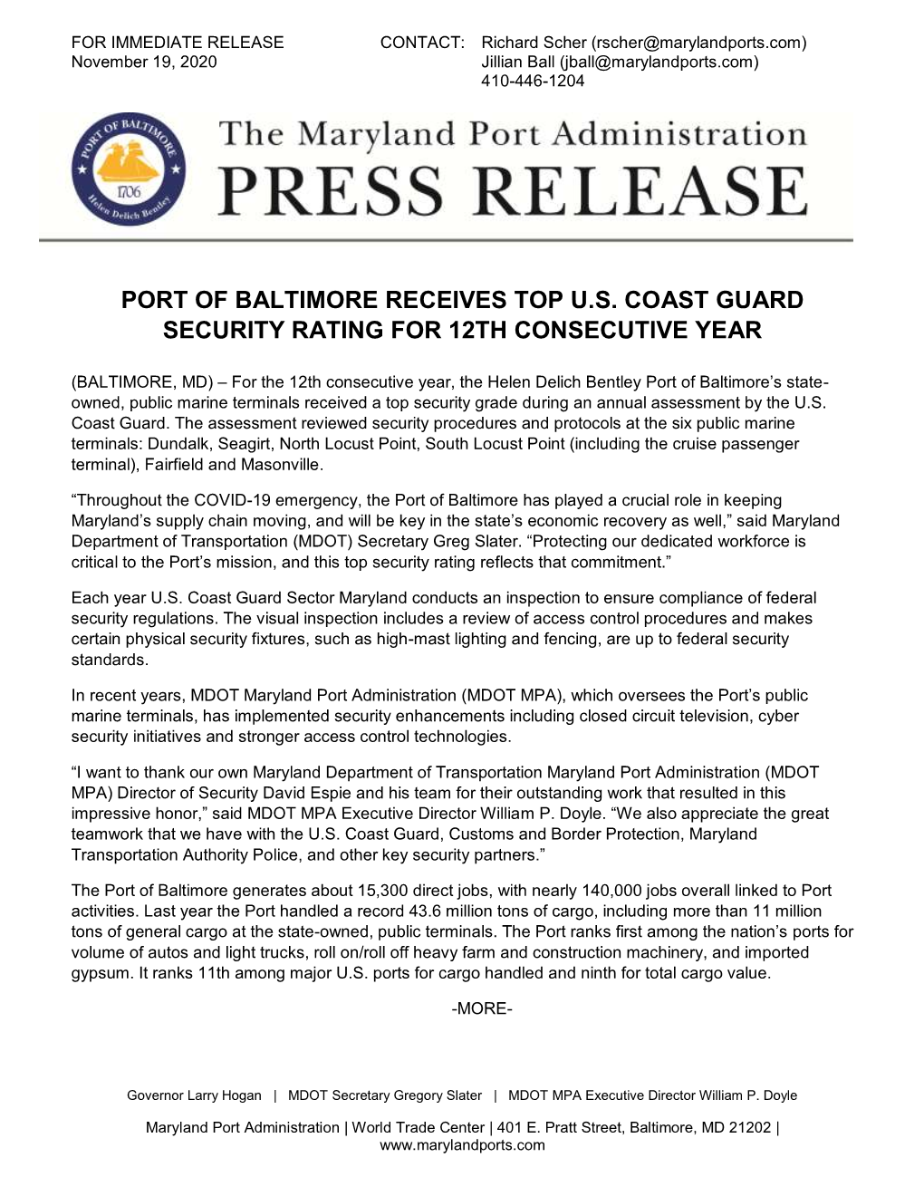 Port of Baltimore Receives Top U.S. Coast Guard Security Rating for 12Th Consecutive Year