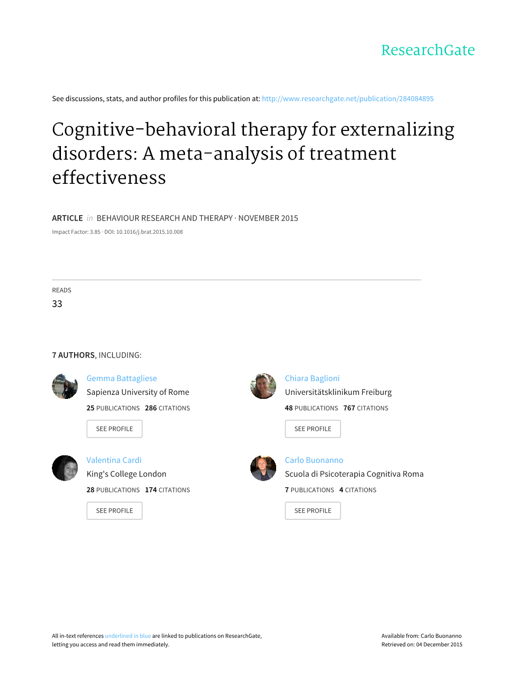 Cognitive-Behavioral Therapy for Externalizing Disorders: a Meta-Analysis of Treatment Effectiveness