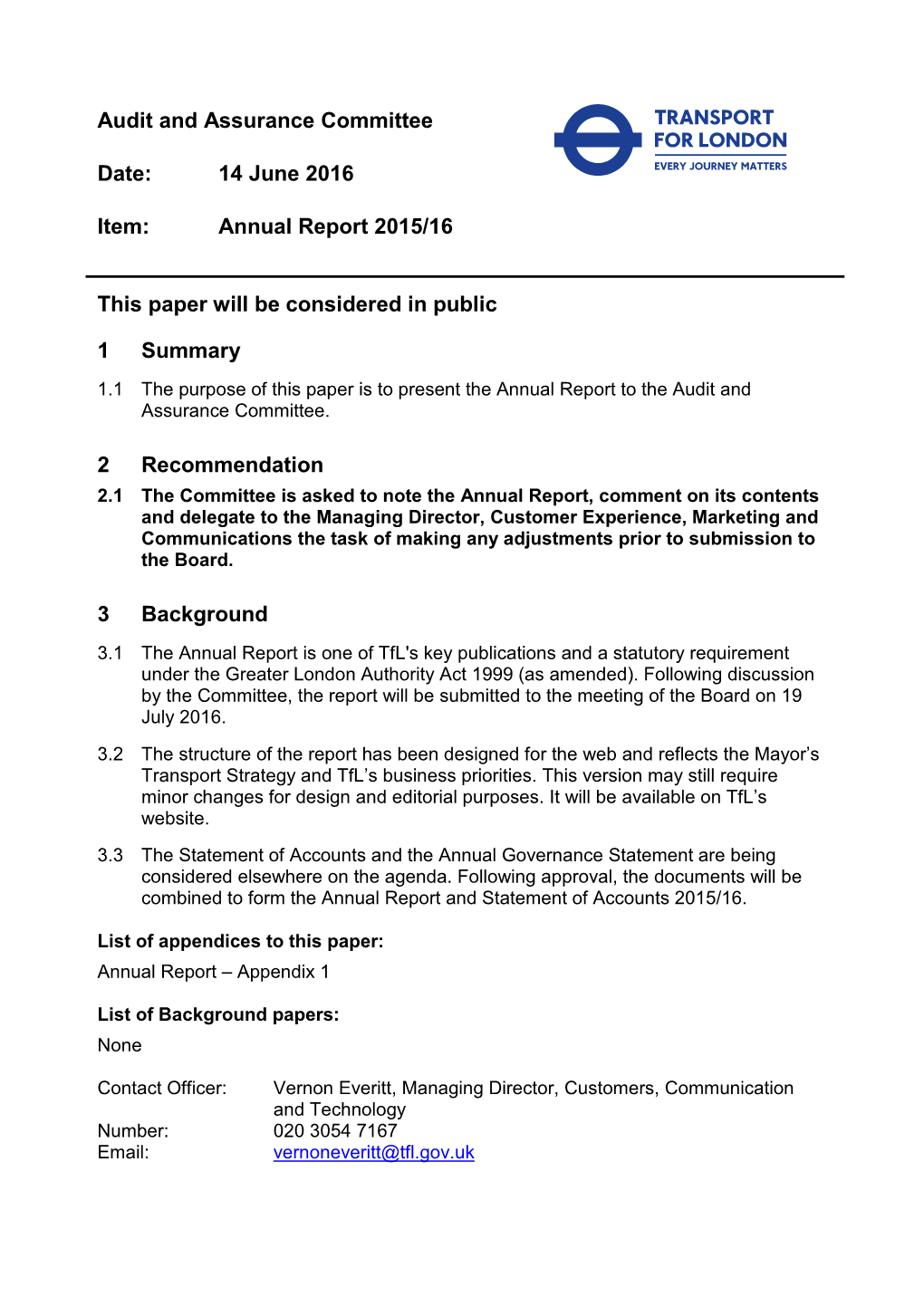 14 June 2016 Item: Annual Report