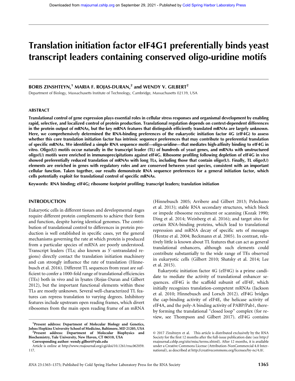 Translation Initiation Factor Eif4g1 Preferentially Binds Yeast Transcript Leaders Containing Conserved Oligo-Uridine Motifs