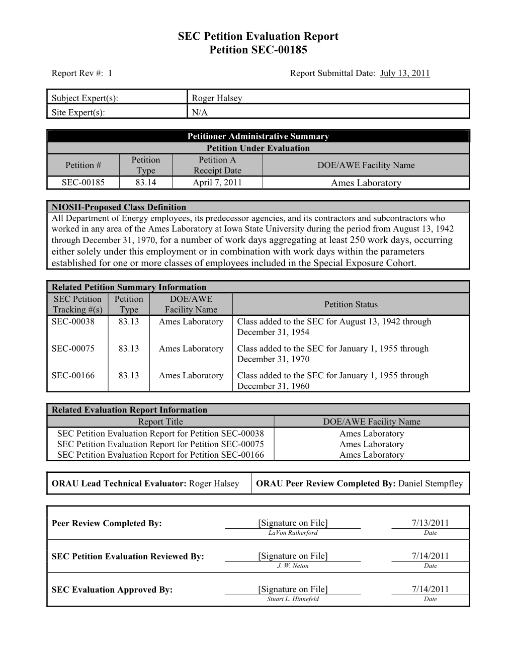 SEC Petition Evaluation Report Petition SEC-00185