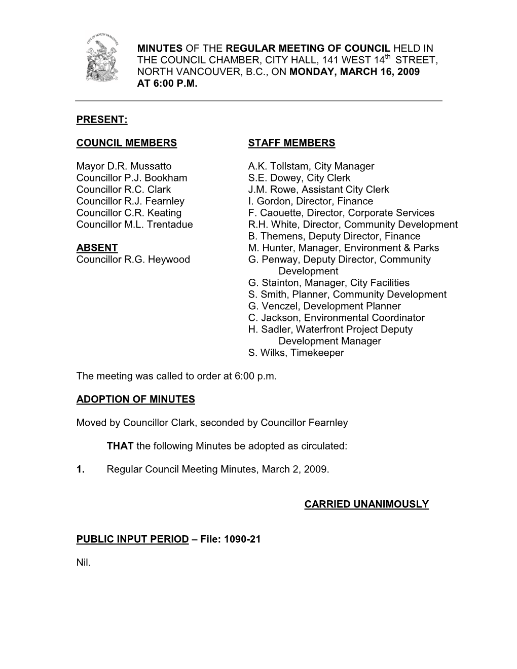Regular Council Meeting Minutes, March 2, 2009