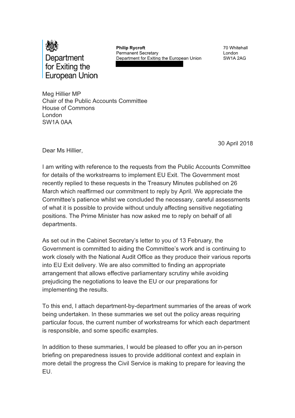 Correspondence with the Department for Exiting the European Union